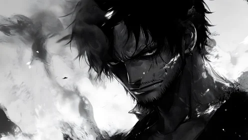 Storm-eyed rogue rising from ink and wildfire shadows.