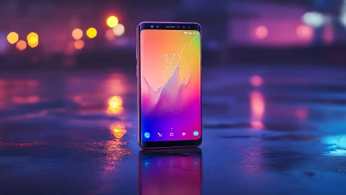 Modern Smartphone Glowing on Neon-Lit Surface at Night