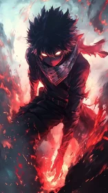 Ember-eyed antihero rising from a storm of feral flames.