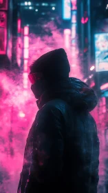 Neon backlit silhouette in vapor-filled cyberpunk alleyway