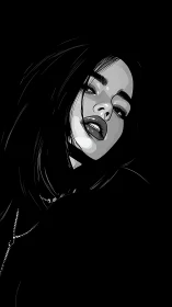 Monochrome portrait shows glossy-lipped woman in shadow