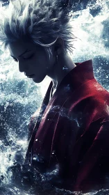 Silver haired warrior stands in crashing ocean spray. Period.