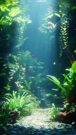 Sunlit freshwater aquascape with plants and small fish.