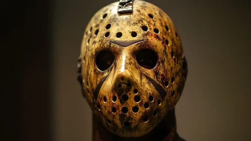Worn hockey mask whispers slasher legends in dim silence.