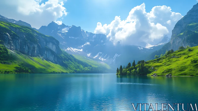 Sunlit mountain lake cradled by emerald cliffs and clouds.
