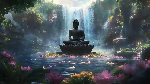 Buddha statue before multi-tier waterfall in dense garden.