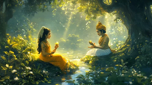 Divine figures seated by forest stream in filtered light.