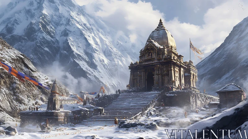 Snowy mountain temple steps toward a quiet winter sky.
