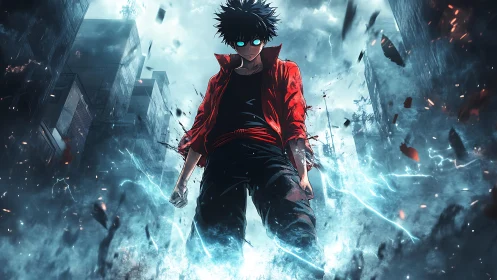 Storm-eyed street sorcerer ignites a shattered neon skyline.