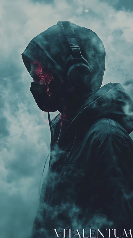 Hooded headphone user in fog with glowing fractured facial core