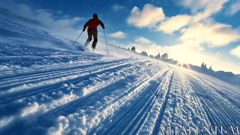Alpine Skier Descending Groomed Mountain Slope. Period.