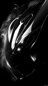 Sleek sports car hood gleams in dramatic side lighting.