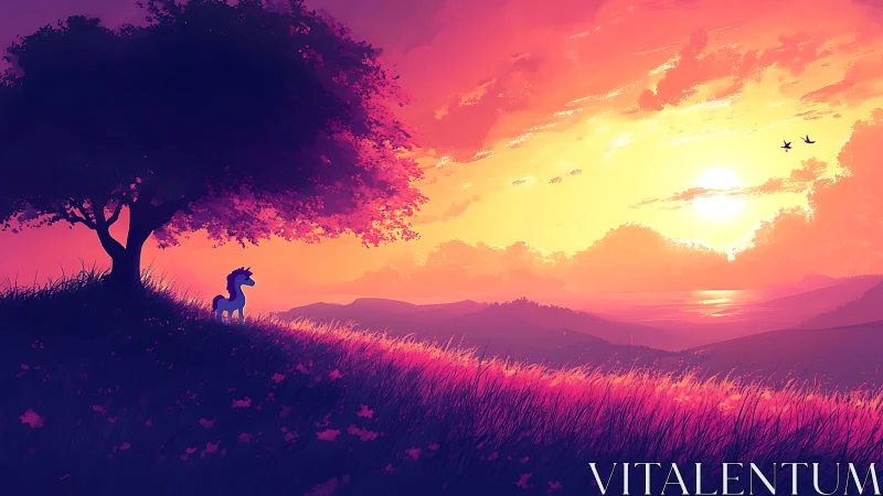 Lonely unicorn watches a blazing neon sunset over hills