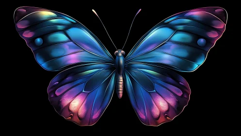 Iridescent cyber butterfly unfurls neon skies across wings