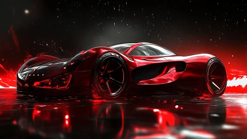 Red aerodynamic concept car is rendered in a wet night scene