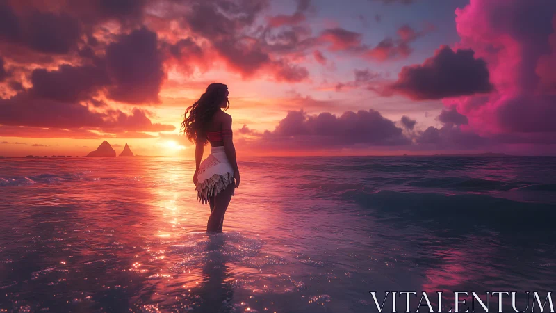 Sunlit island wanderer gazes across a glowing ocean horizon.