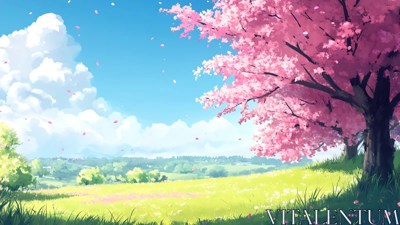 Petal-bright cherry tree leans into a sun-washed meadow day