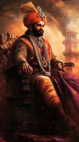 Regal warrior king resting in sunset-tinted splendor.