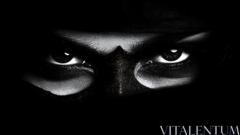 Intense monochrome eyes emerging from deep shadow focus.