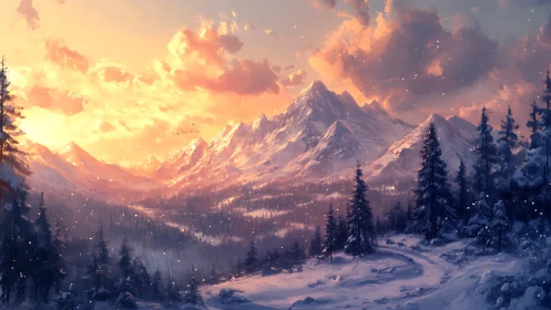 Sunlit winter peaks rise above dense snow-covered forest
