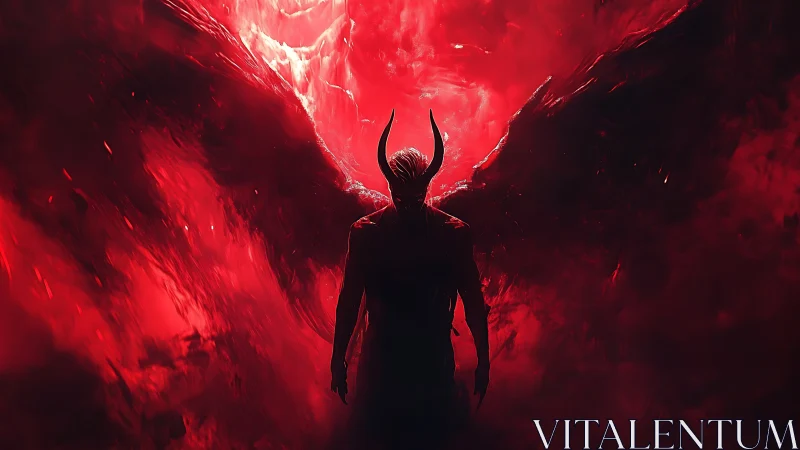 Horned dark angel emerges within blazing crimson storm