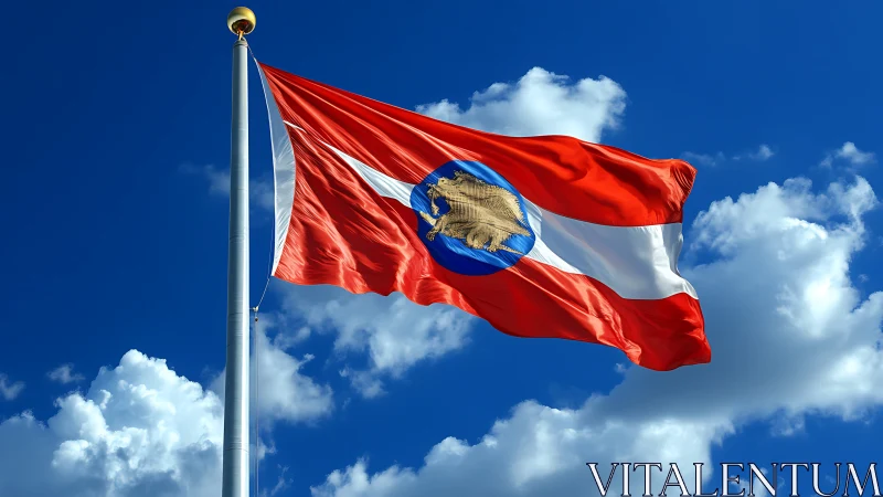 Bright red skyward flag with golden eagle at its heart.