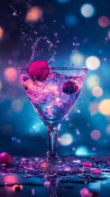 Cocktail Glass with Liquid Splash and Floating Spheres Against Blue Background