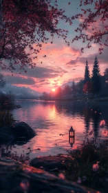 Serene lakeside sunset glows beneath cherry blossoms in bloom