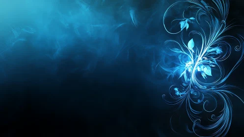 Luminescent cyan floral filigree unfolds on deep blue field