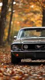 Classic Ford Mustang on forest road in autumn foliage.