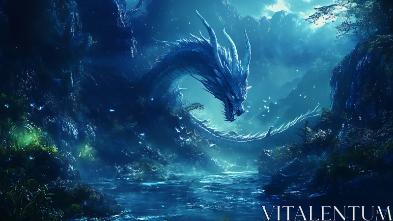 Celestial azure dragon descending into misted river gorge.