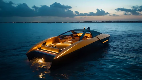 Futuristic luxury yacht glides across calm water at dusk