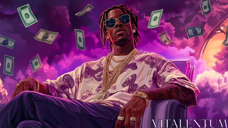 Rap artist sits in neon clouds with floating dollar bills