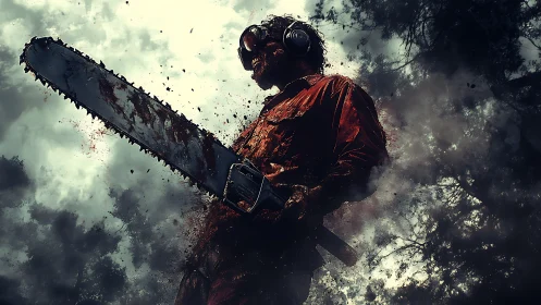 Stormy forest worker holding a roaring chainsaw proudly.