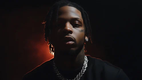 Studio portrait shows man with chains under low key lighting