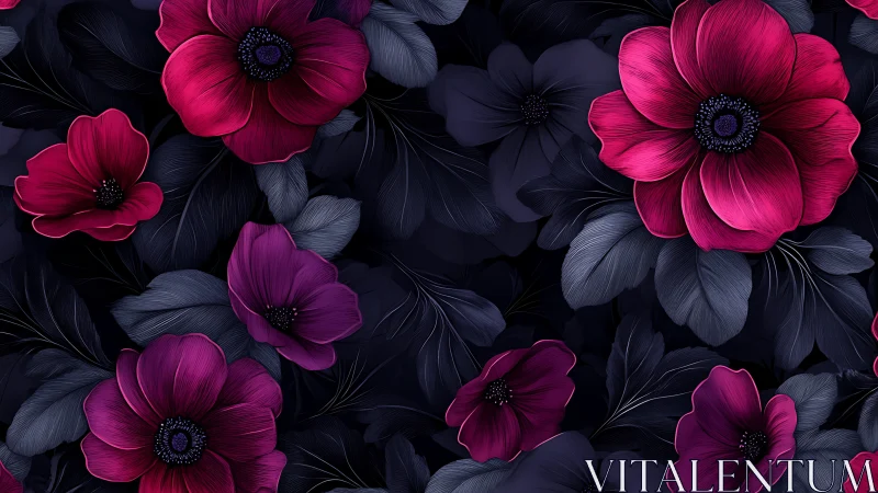 Magenta Cosmos Blossoms Against Deep Indigo Foliage Pattern.