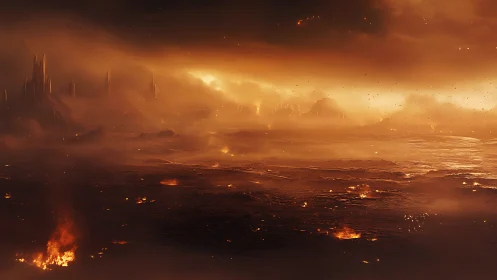 Apocalyptic Wasteland with Towering Structures and Fire.