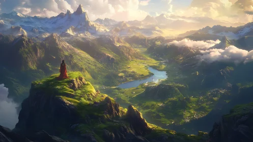 Figure overlooking vast sunlit fantasy mountain valley.