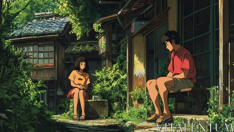 Summer courtyard conversation in overgrown wooden alleyway.