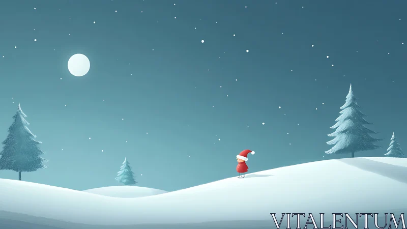 Minimalist winter hill with child in red under moonlit sky