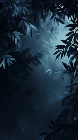 Moonlit foliage framing a misty midnight forest passage.
