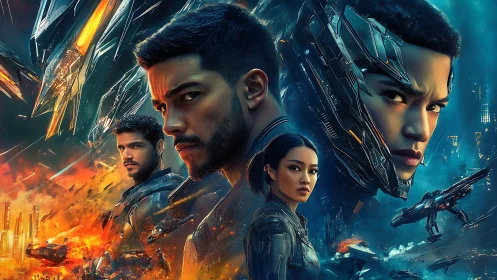 Futuristic soldiers amid spacecraft and divided cityscape.