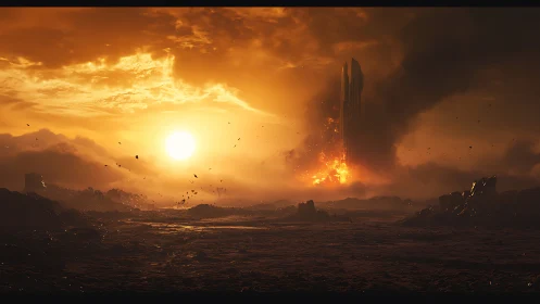 Sunset watches a monolith ignite on a ruined horizon