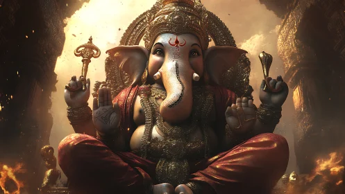 Majestic 3D rendering of seated Ganesha in glowing shrine.