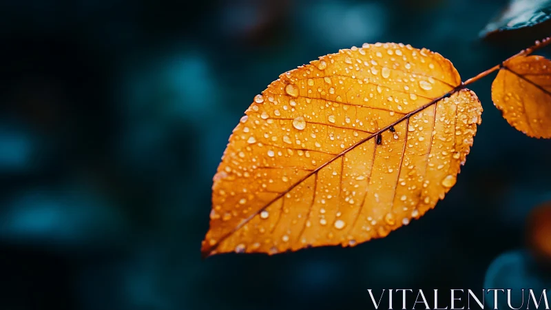 Single amber leaf with raindrops against teal bokeh background.