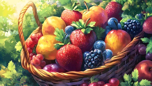 Sunlit wicker basket overflowing with luminous summer fruits.