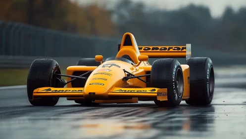 Yellow formula race car on wet track in cinematic focus.