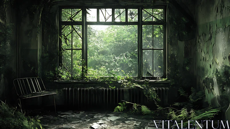 Overgrown window reveals lush forest reclaiming abandoned room