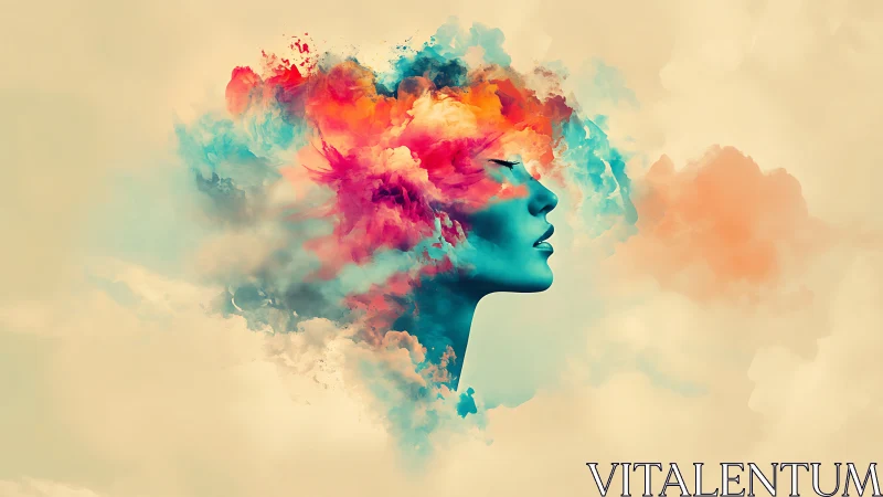 Colorful female profile merging with abstract cloud art.