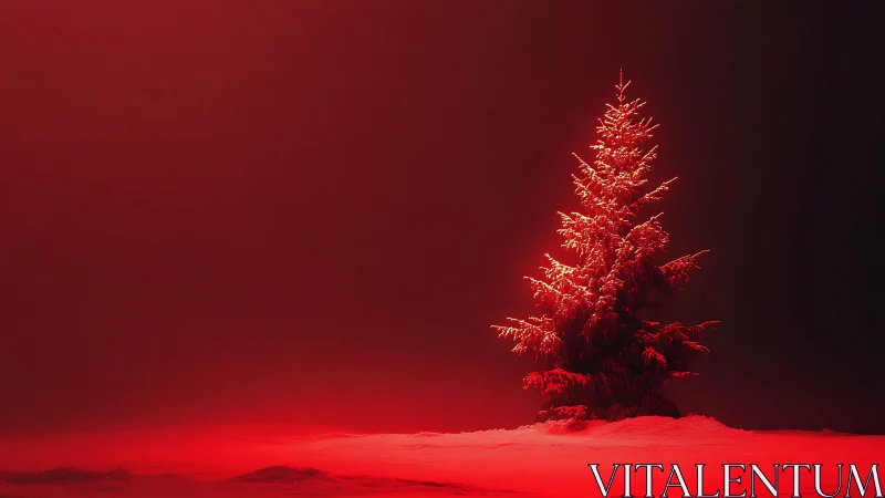 Solitary snow-covered fir tree under dramatic red stage lighting